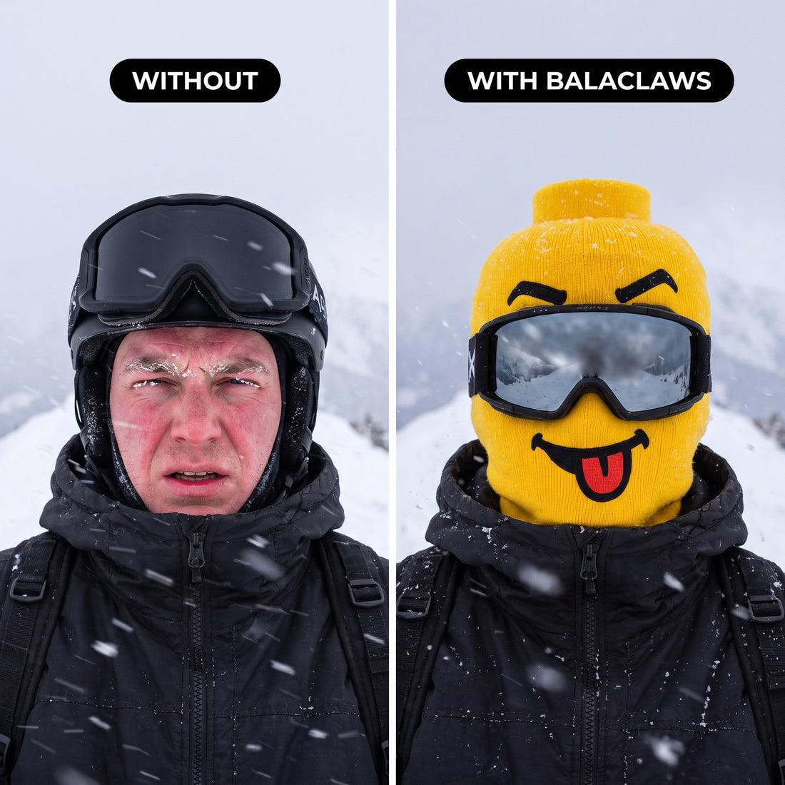 Skier without a mask vs with the Lego Balaclava™ in a snowstorm